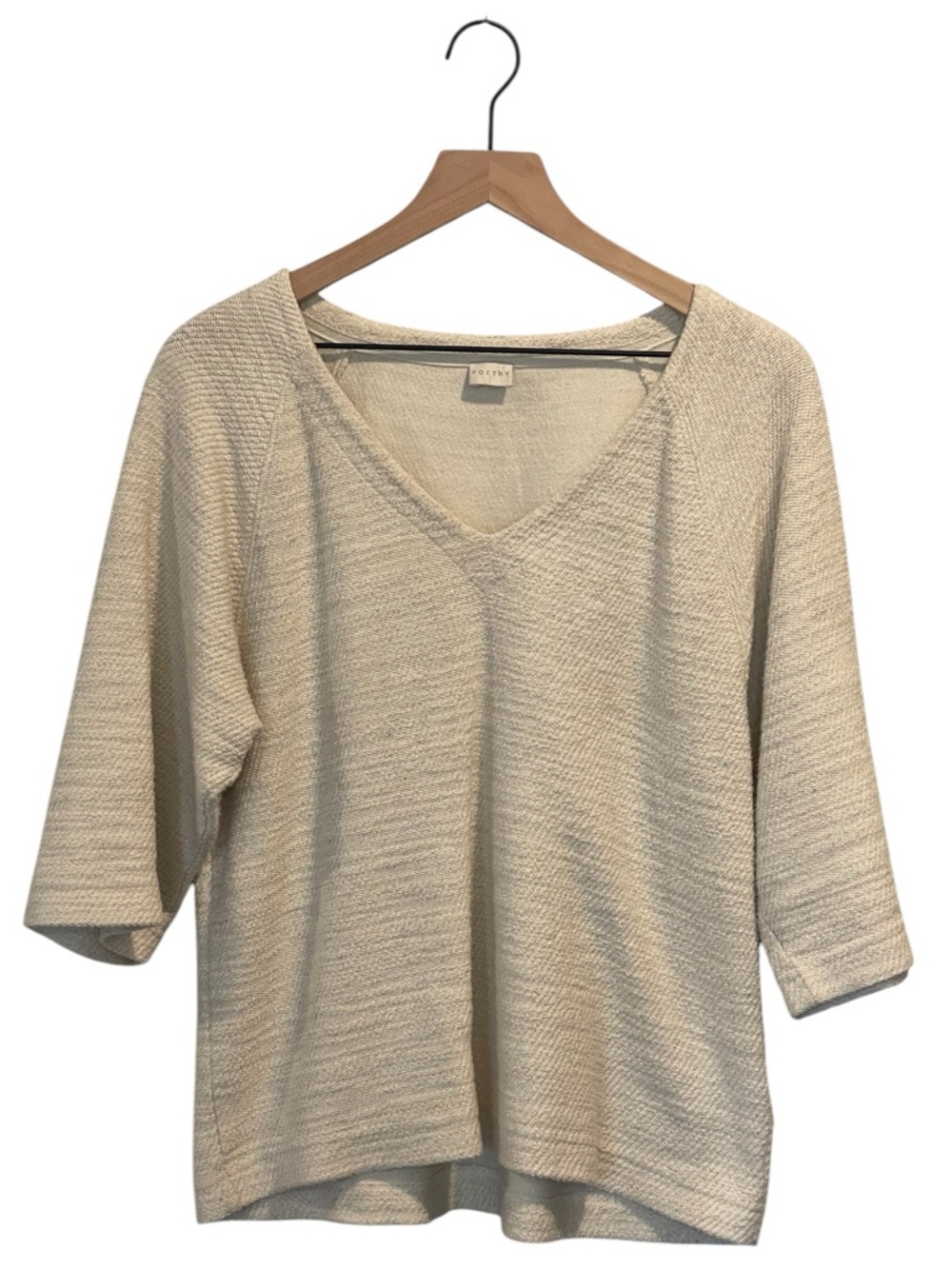 Poetry Neutral Cream Textured Knit Top, V-Neck, 3/4 Sleeve, Relaxed, US 6